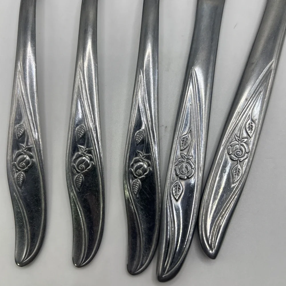 Utica ROSE Pattern Stainless Flatware USA 3 Forks 2 Knives Vtg silverware LOT